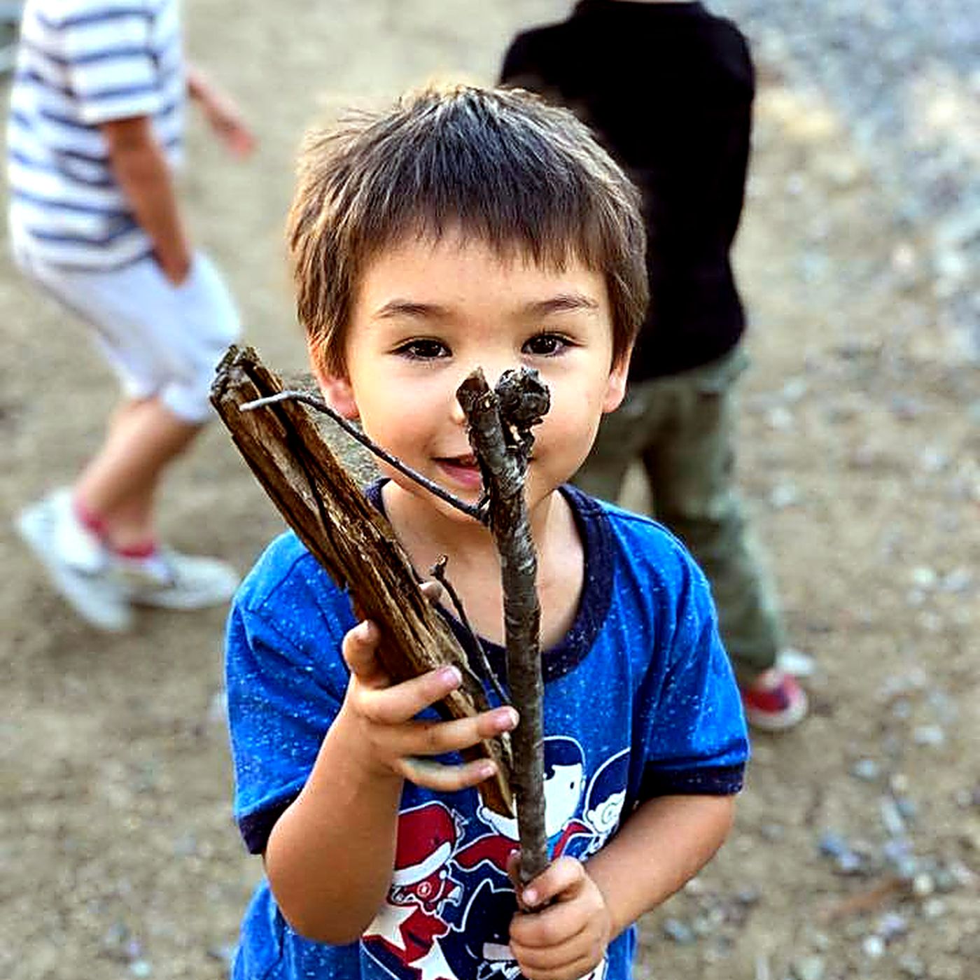 A child holding two sticks he has found, with other children playing behind him